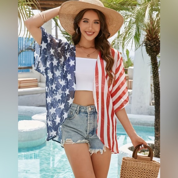 None Other - RED, WHITE & BLUE Stars and Stripes Holiday Short Lightweight Kimono Size Small